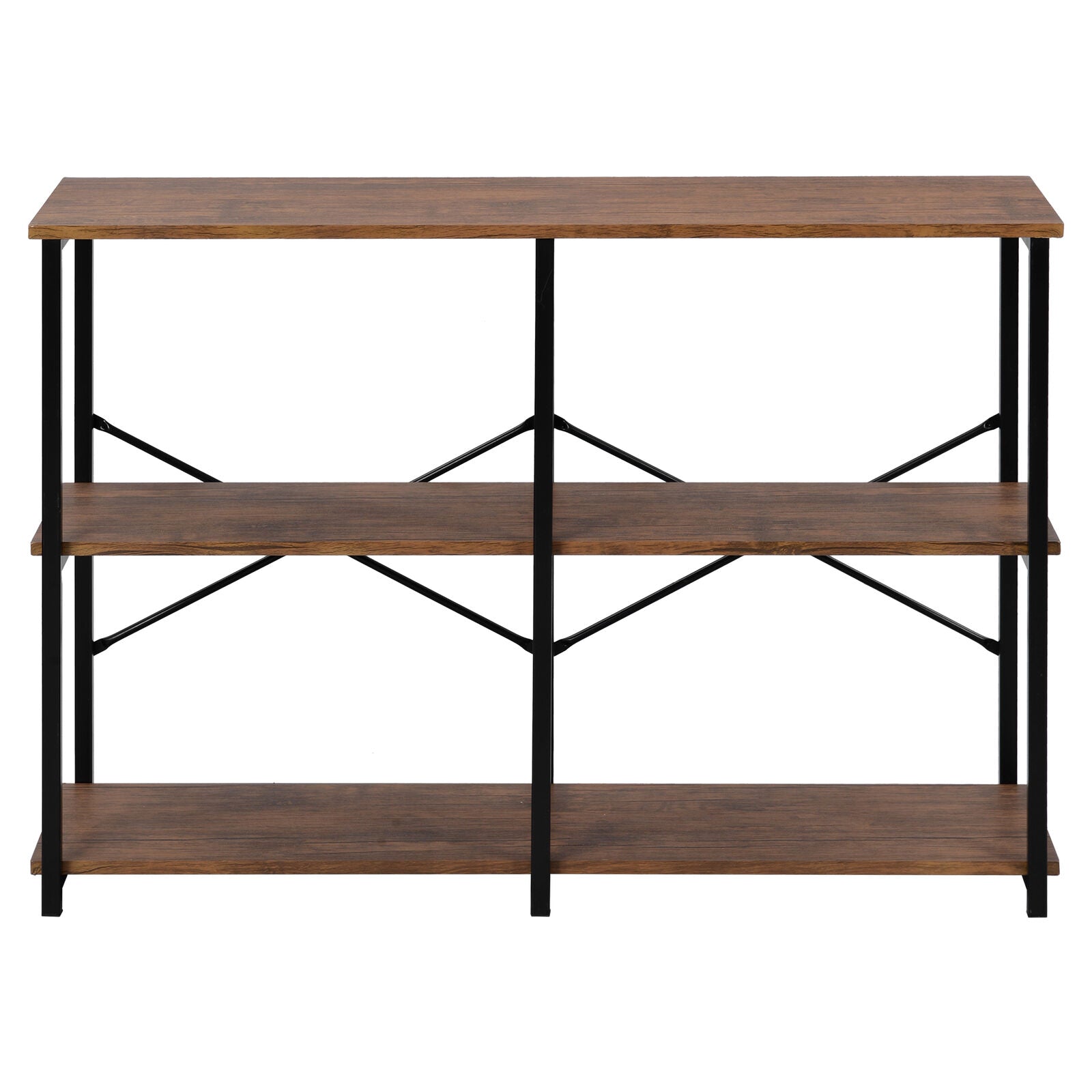 3-Tier Console Table Wodd Sofa Table Steel Frame Industrial Storage Shelf Brown