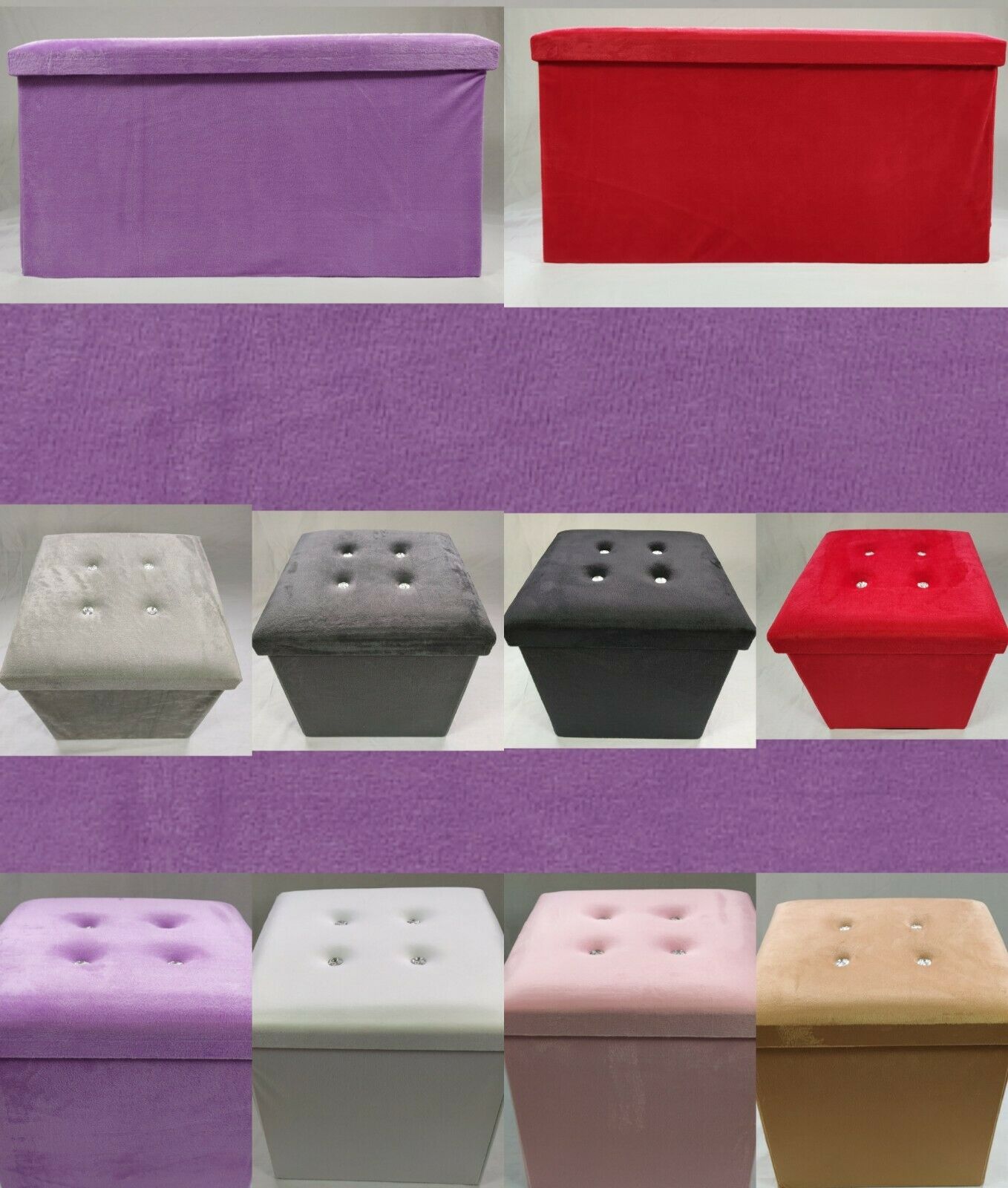 Soft Velvet Diamante Ottoman Folding Storage Box Footstool Seat new colour
