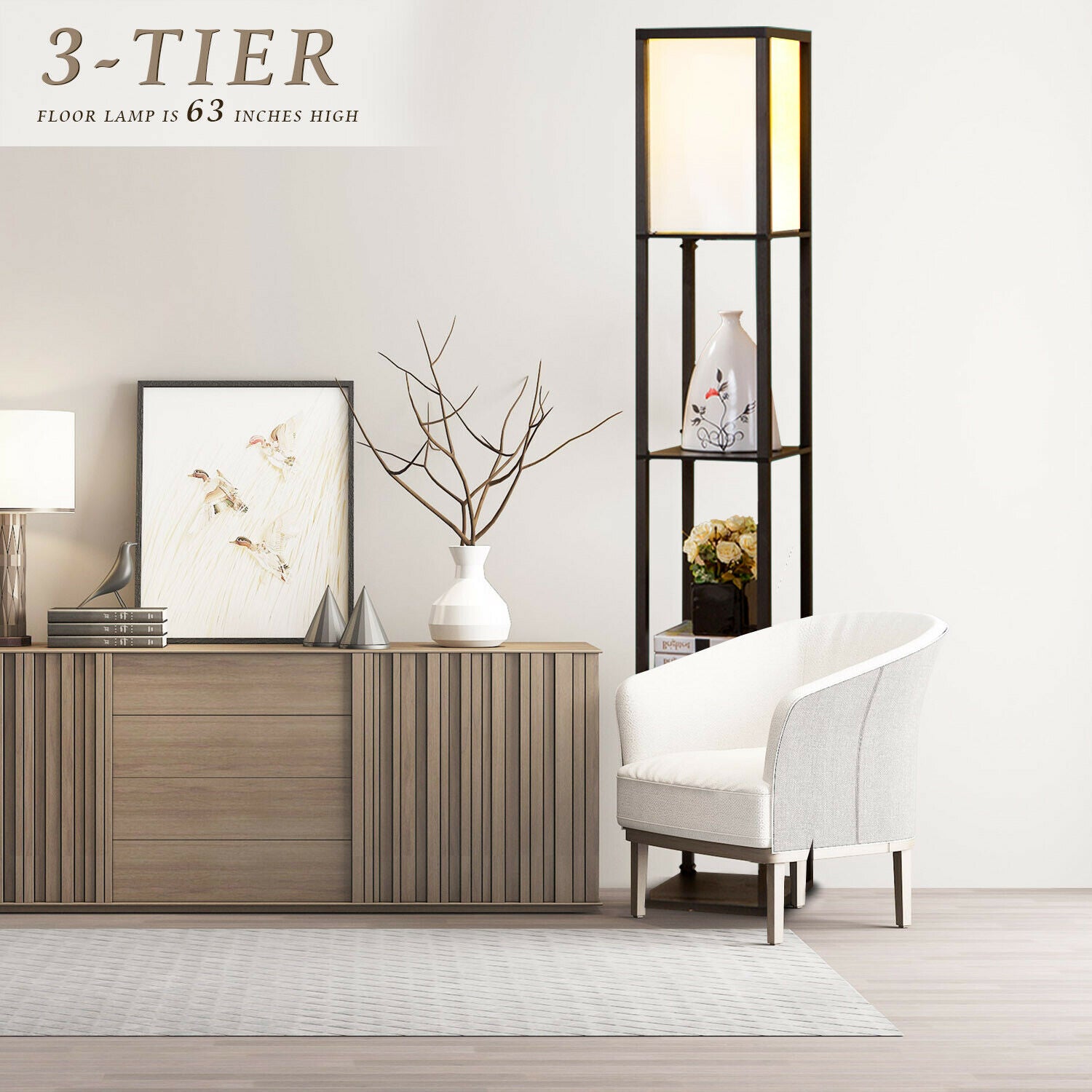 3-Tier Shelf Floor Lamp w/Shade Standing Light Open Shelves Storage Living Room