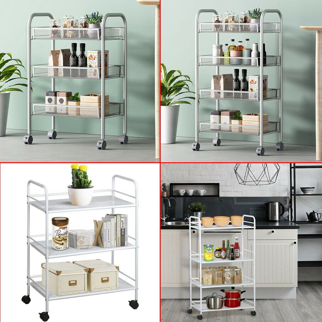 3-4-Tier Home Trolley Kitchen Storage Cart Steel Bars 4 Wheels Rolling Unit