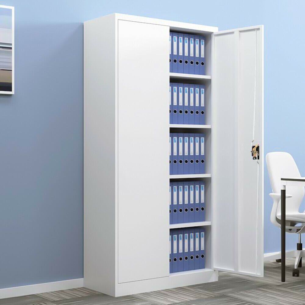180cm Office Storage Lockable Cupboard Filing Cabinet Steel Metal Light Grey Key