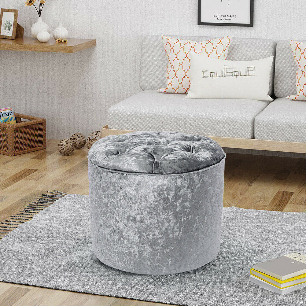 Silver Grey Crushed Velvet Pouffe Stool Diamante Round Ottoman Footrest Seat