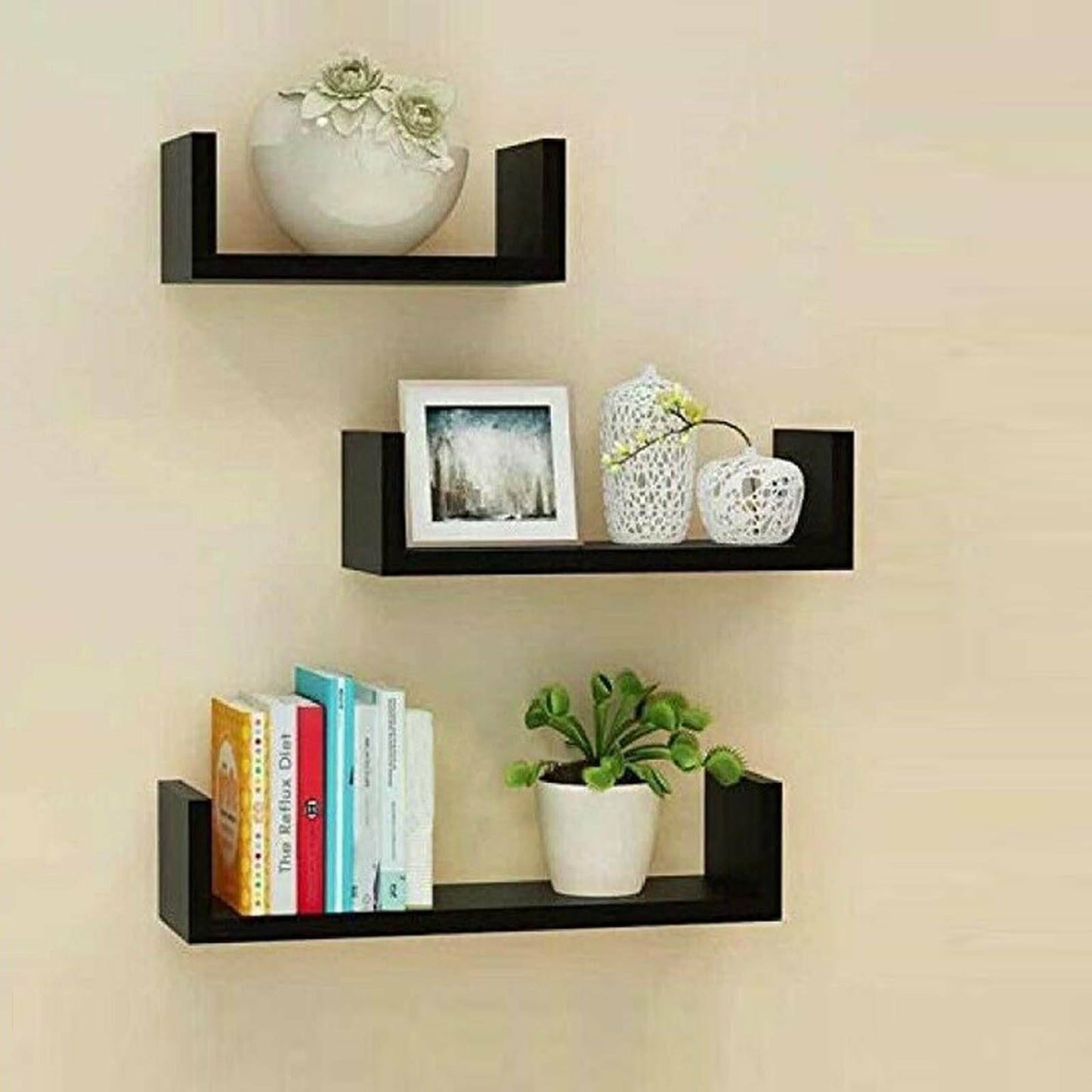 Set of 3 U Shape shelves Floating Wall Shelve Home Decor Storage Wood Shelf Unit