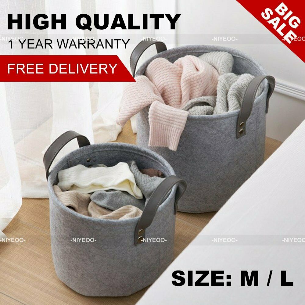 Grey Felt Storage Basket Bin with Handle Bedroom Closet Clothing Toy Storage UK