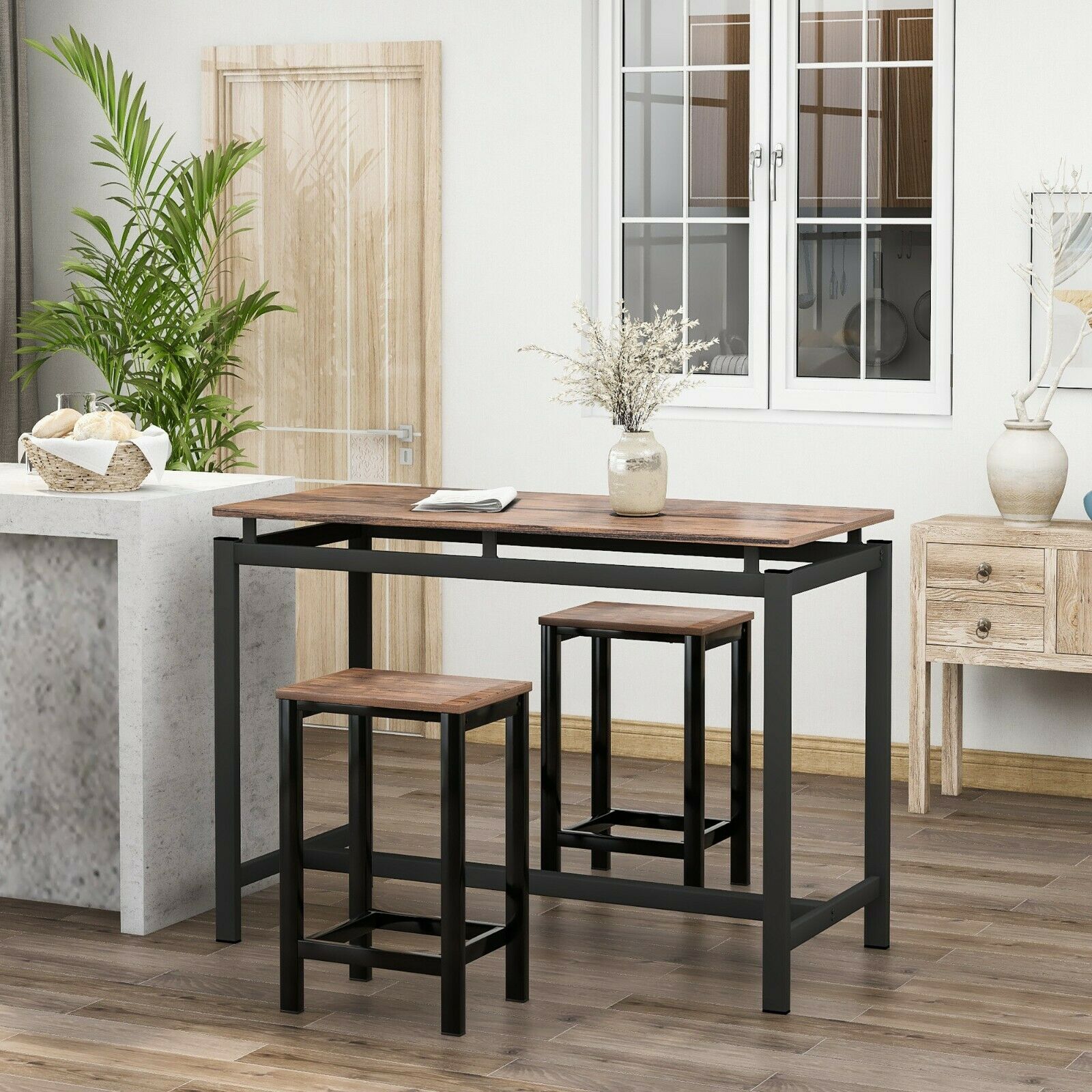 Bar Table and Stool Set For Kitchen Dining Room 2 Metal And Wood Stools High