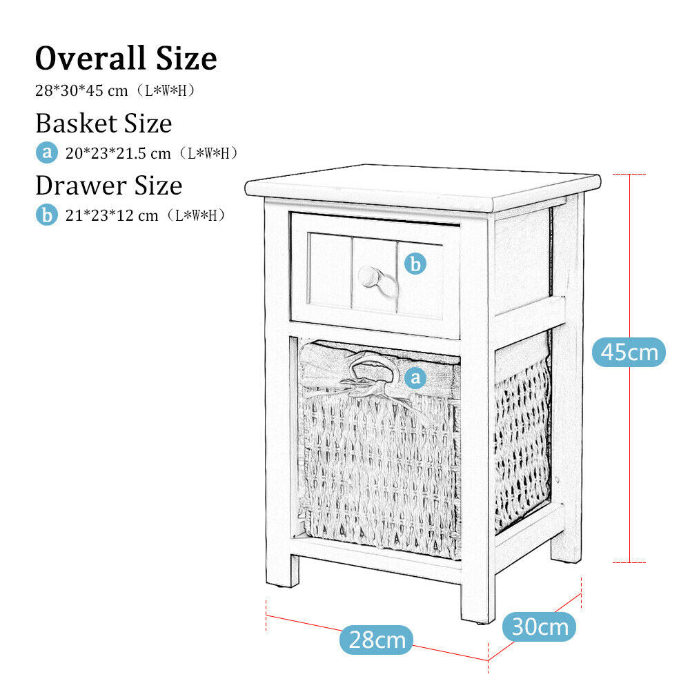 A Pair of Wooden Bedside Tables Storage Drawer Wicket Baskets Nightstand Cabinet