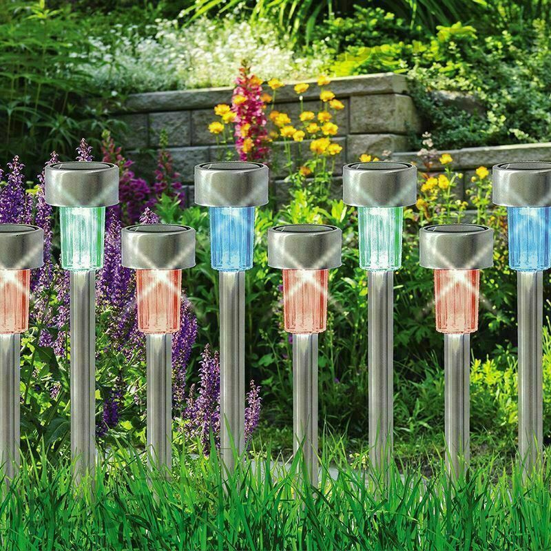 10/24x STAINLESS STEEL SOLAR LED GARDEN LIGHT COLOUR CHANGING/WHITE OUTDOOR POST