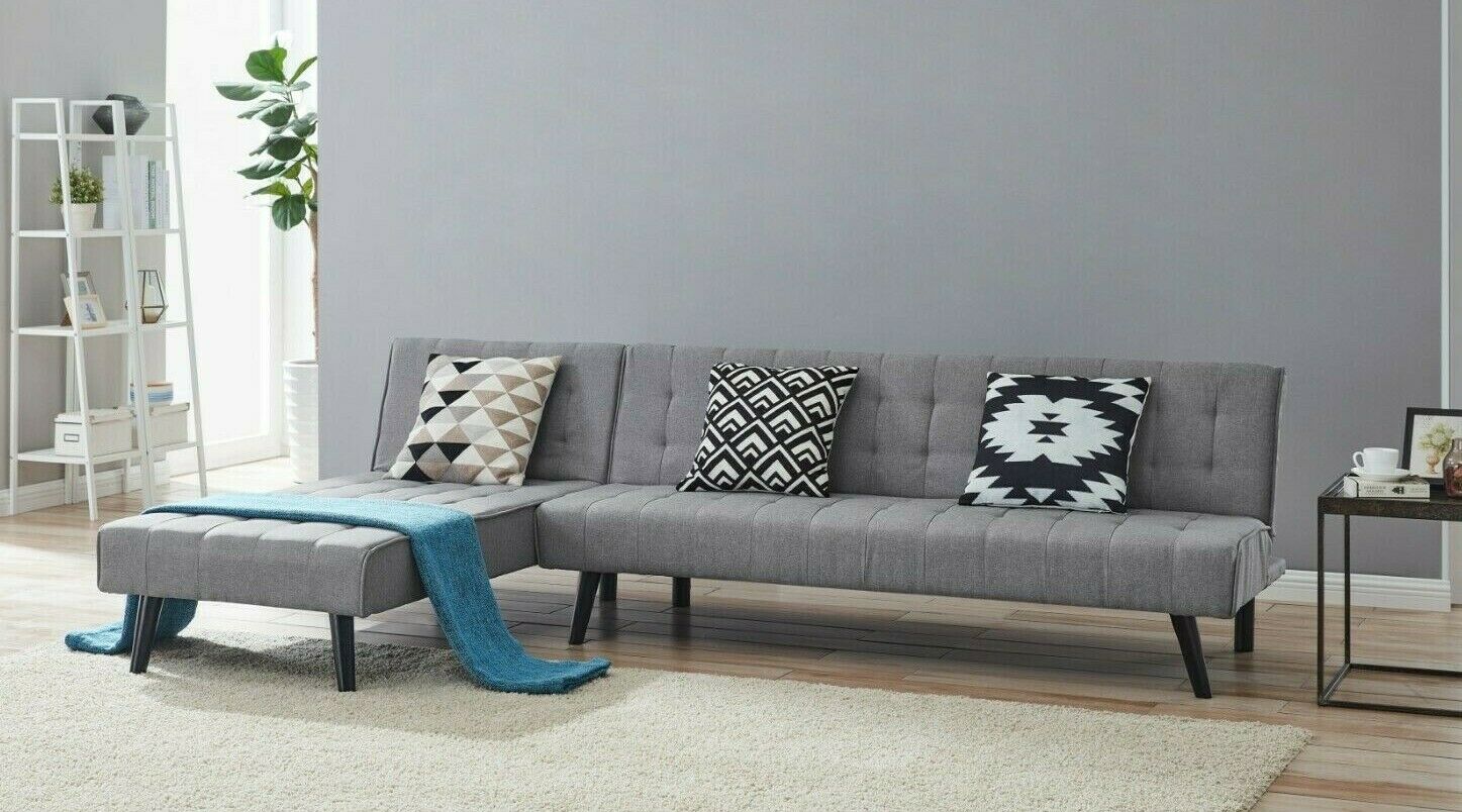 3 Seater Sofa Bed + Chaise Black Grey L Shape PVC Fabric Recliner Corner Sofabed