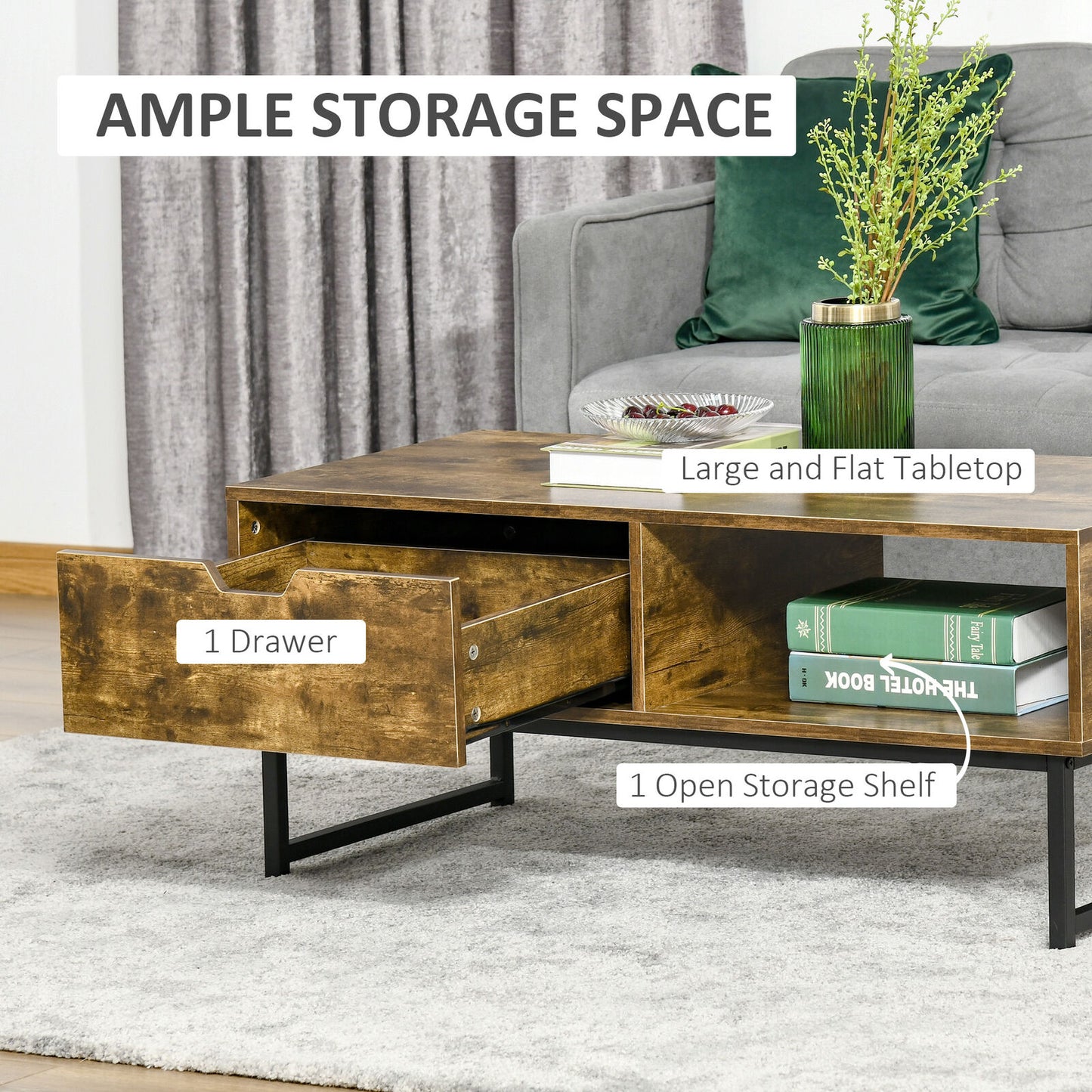 Industrial Coffee Table with Shortage Shelf & Drawer End Table Metal Frame Brown