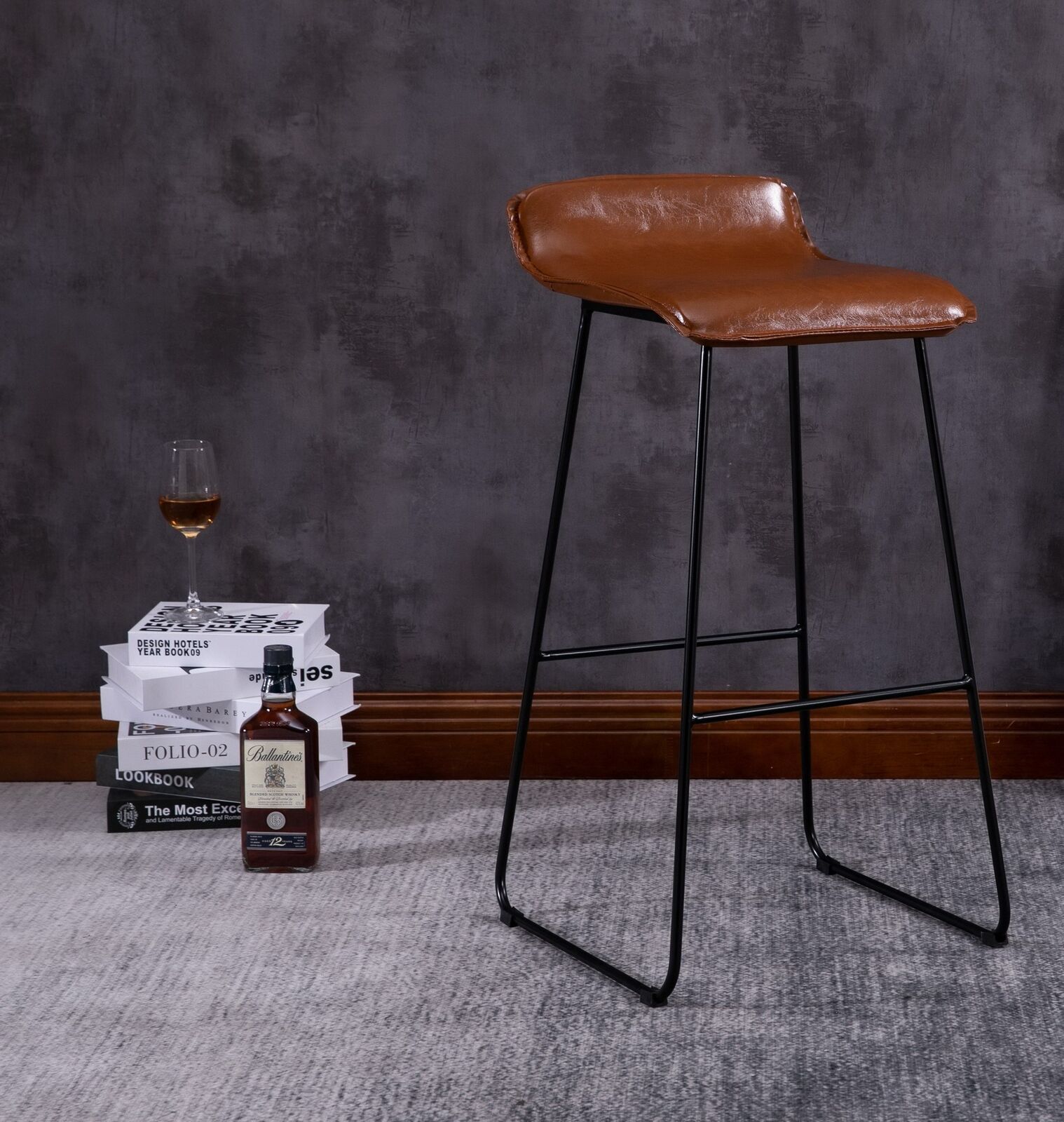 2x PU Leather Brown Bar Stools Footrest / Breakfast High Metal Leg Kitchen Home