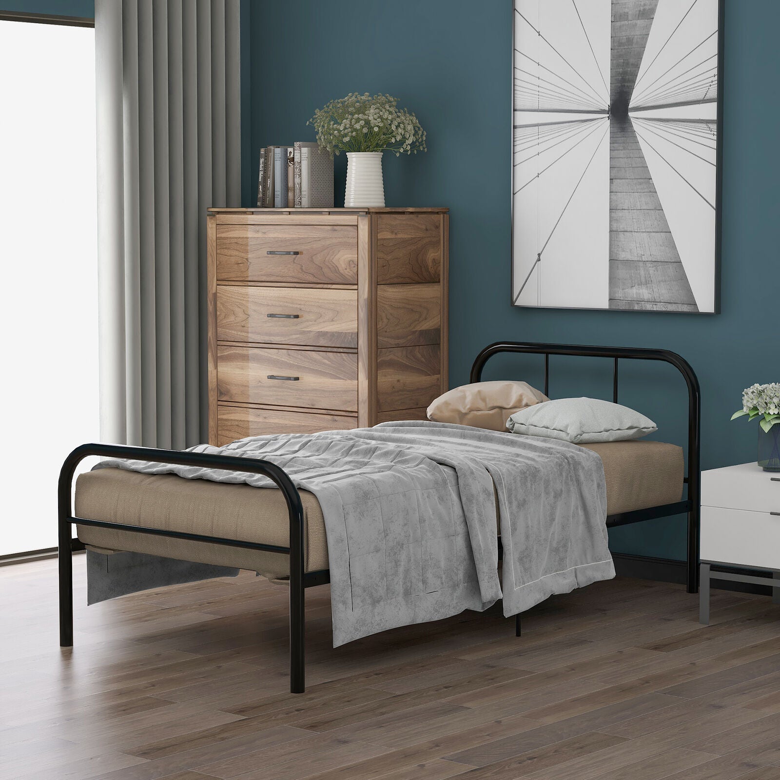 Single Metal Bed Frame 3ft Single Bedstead Bedroom Furniture for Adults Kids