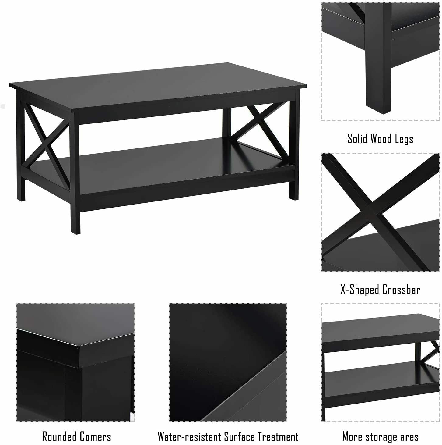 Side Tea Table Wood Coffee Table Modern X Designed Shelf for Living Room Teapot