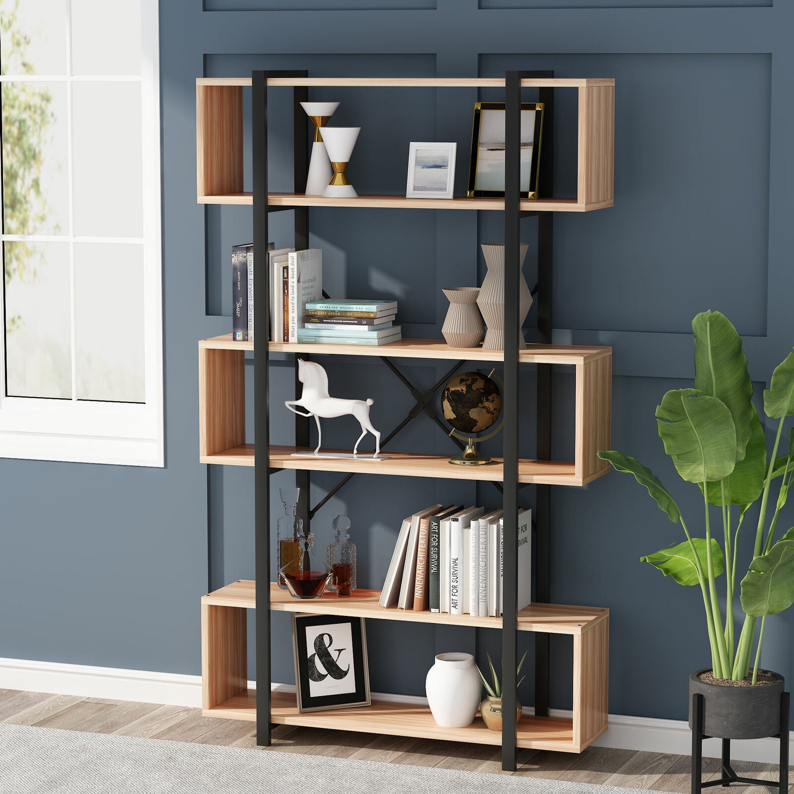 6 Tier Bookshelf Industrial Bookcase Freestanding Home Display Decorative Shelf