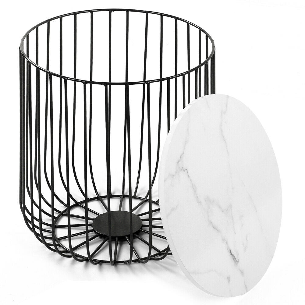 Retro Metal Wire Round Wood Storage Coffee Side Table Basket Home Furniture