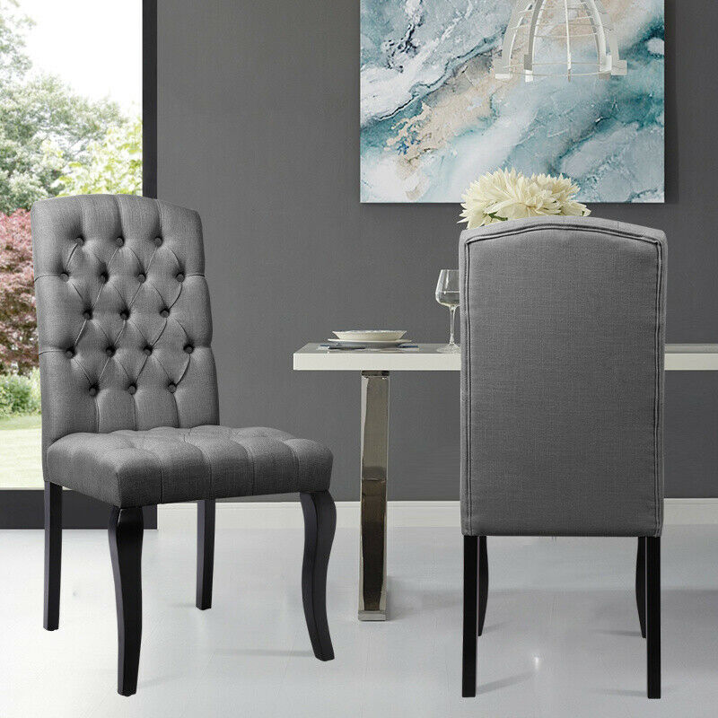 2x Luxury Button Fabric Dining Chairs High Back Chesterfield Style Oak Wood Legs