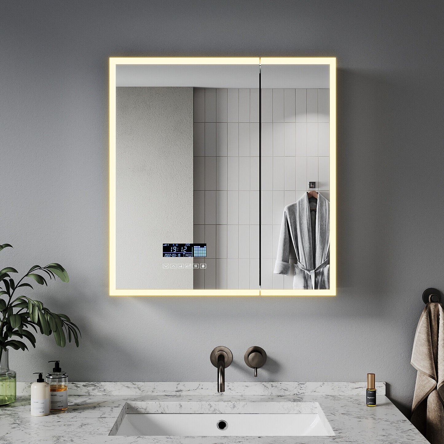 LED Bathroom Mirror Cabinet With Bluetooth Socket Demister 3 Color Light 600x630