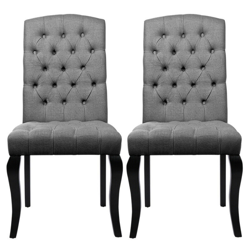 2x Luxury Button Fabric Dining Chairs High Back Chesterfield Style Oak Wood Legs