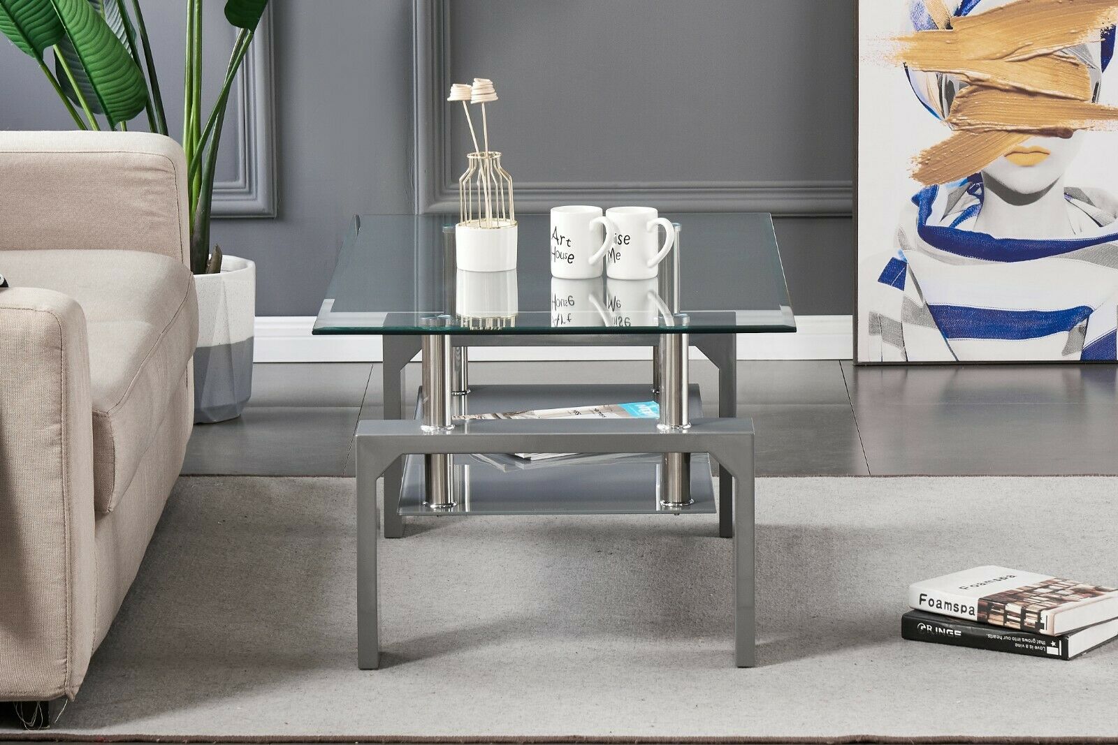 Modern Clear Glass Top with Grey Shelf & Grey High Gloss Legs Coffee Table Home