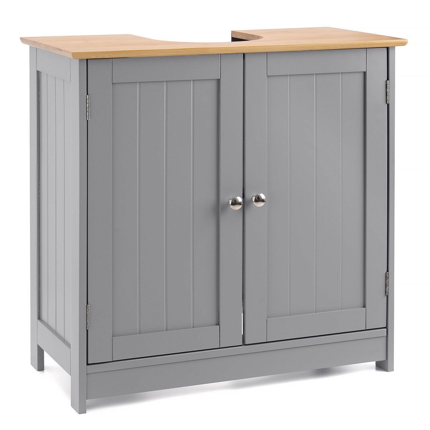Bathroom Under Sink Cabinet Grey Bamboo Wooden Storage Cupboard Unit