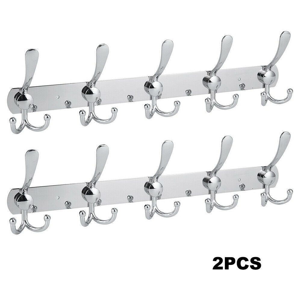 2Pcs 15 Hooks Coat Clothes Door Holder Rack Wall Mounted Hanger Stainless Steel
