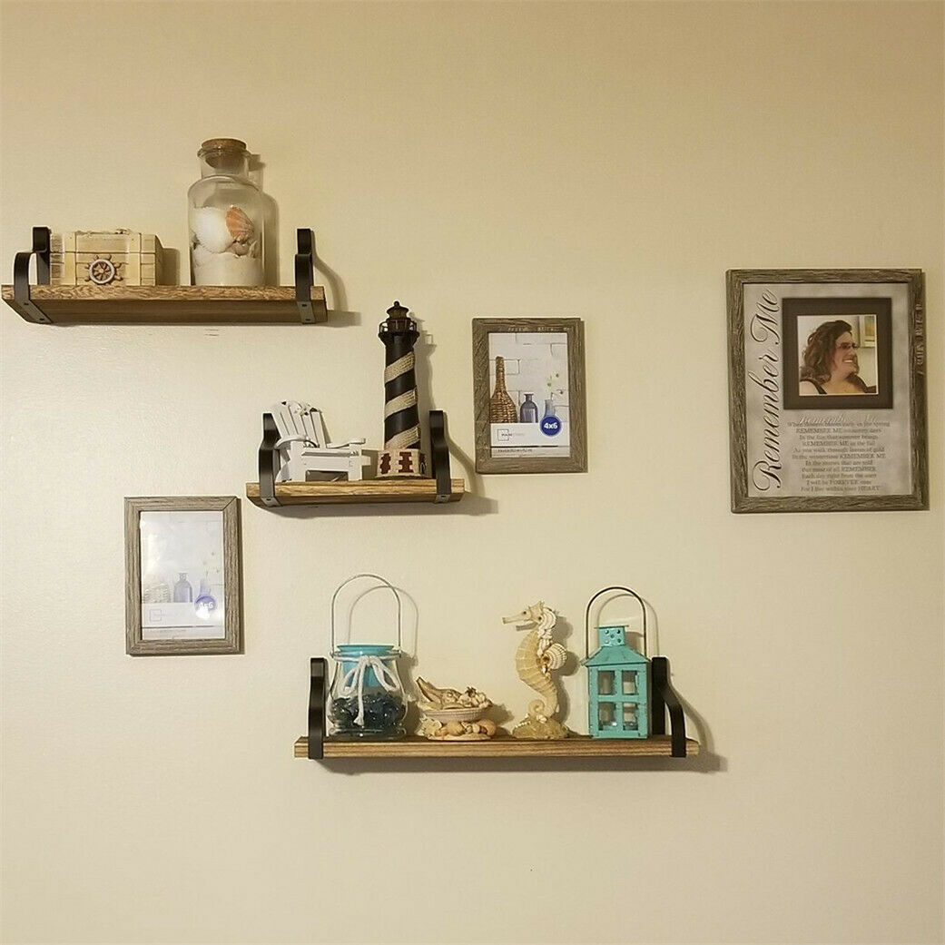 Vintage Industrial Smooth Wooden Metal Wall Floating Shelf Storage Shelving Unit