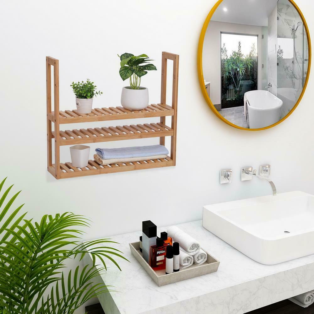 3 Tier Bamboo Bathroom Kitchen Wall Mounted Shelf Storage Rack adjustable Unit