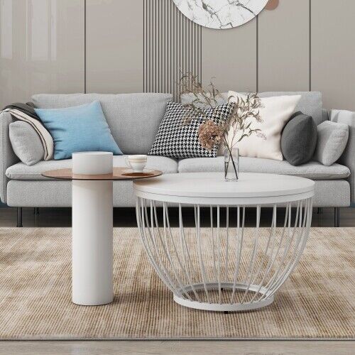 Modern Round Coffee Table Set of 2 Nesting Table Metal Frame Marble Effect HT