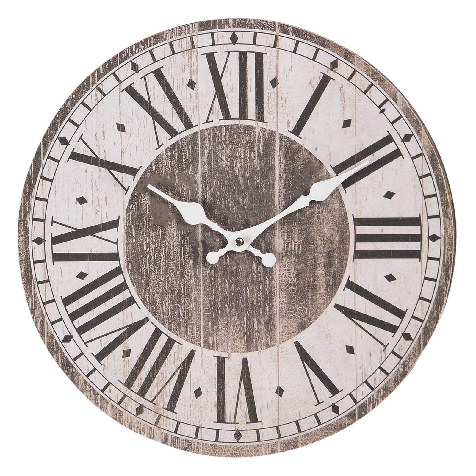 French Shabby Chic Style Rustic Round Wooden Wall Clock Brown White Roman Dial