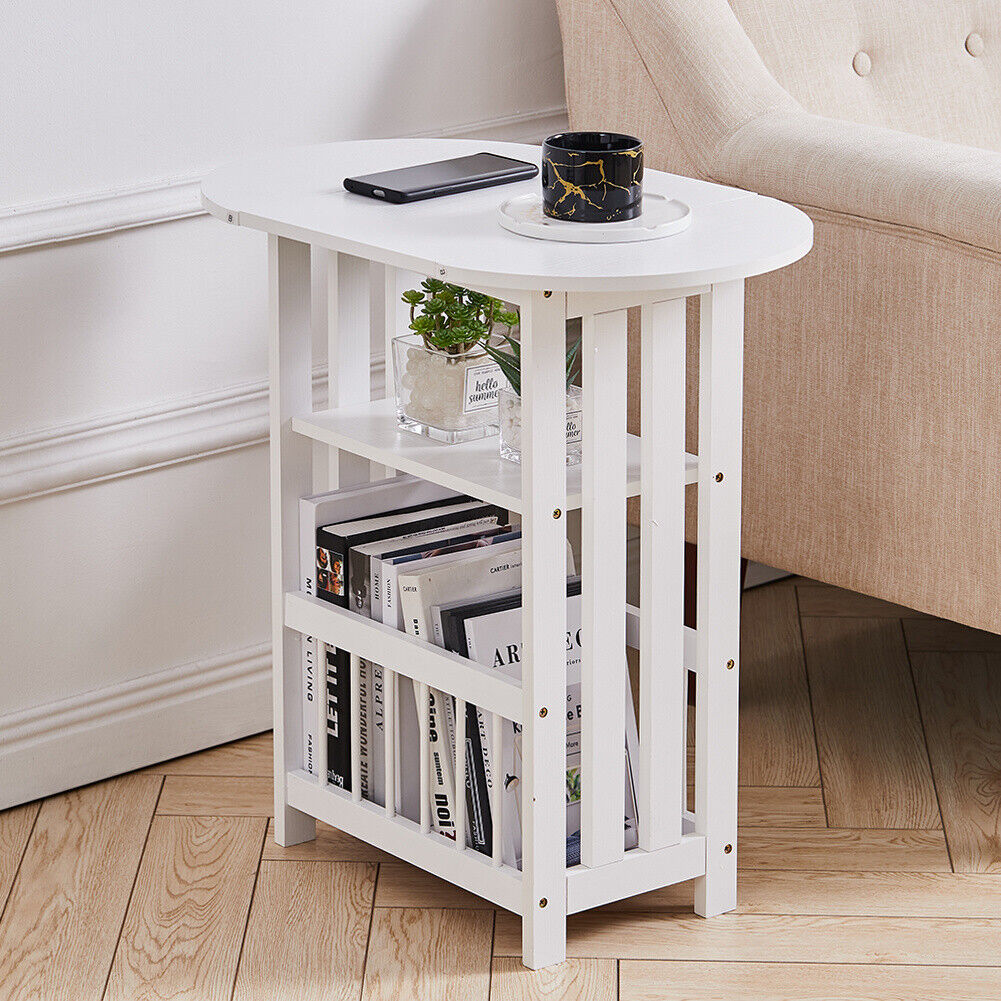 Drop Leaf Table Foldable Magazines Rack Shelf Sofa Side End Storage Stand White