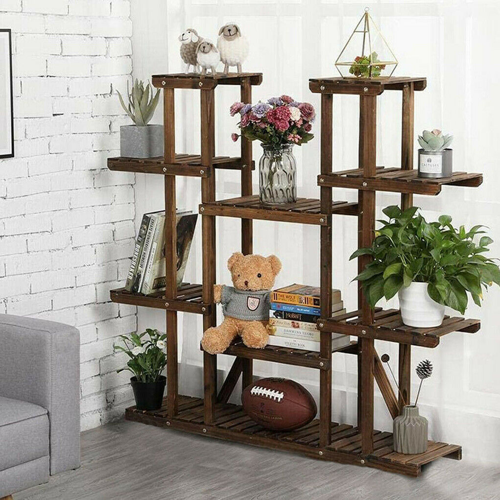 Symmetric Double Shelves Plant Stand 17 Potted Flower Pots Organizer Shelf Rack
