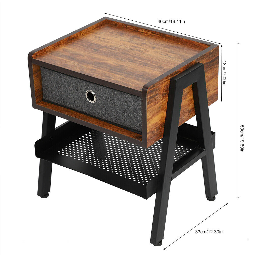 Industrial Bedside Table Fabric Drawer & Low Shelf Nightstand Side Table Cabinet