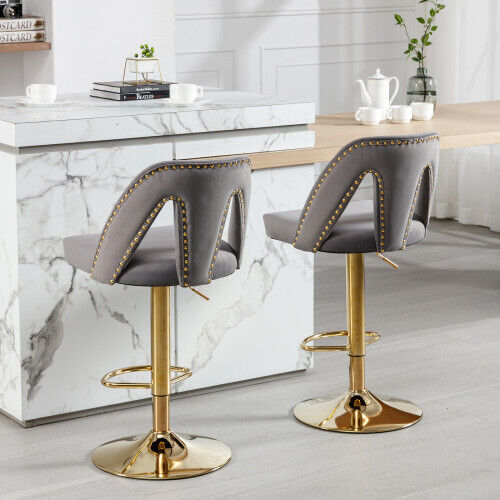 Bar Stools Set of 2 Upholstered Velvet Swivel Bar Chairs Adjustable Height HT