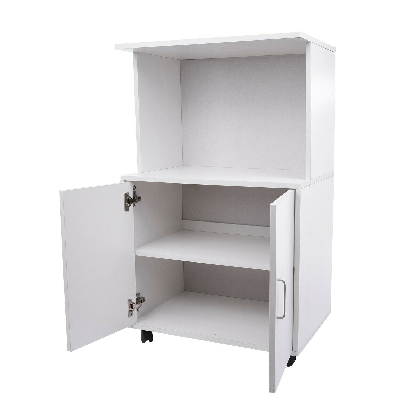 Rolling Kitchen Trolley Microwave Cart 2-Door Cabinet Shelves Gray White UK