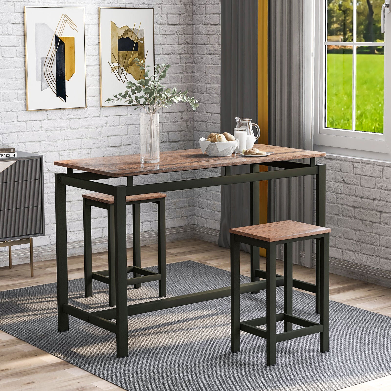 Bar Table and Stool Set For Kitchen Dining Room 2 Bar Stools Chair Industrial