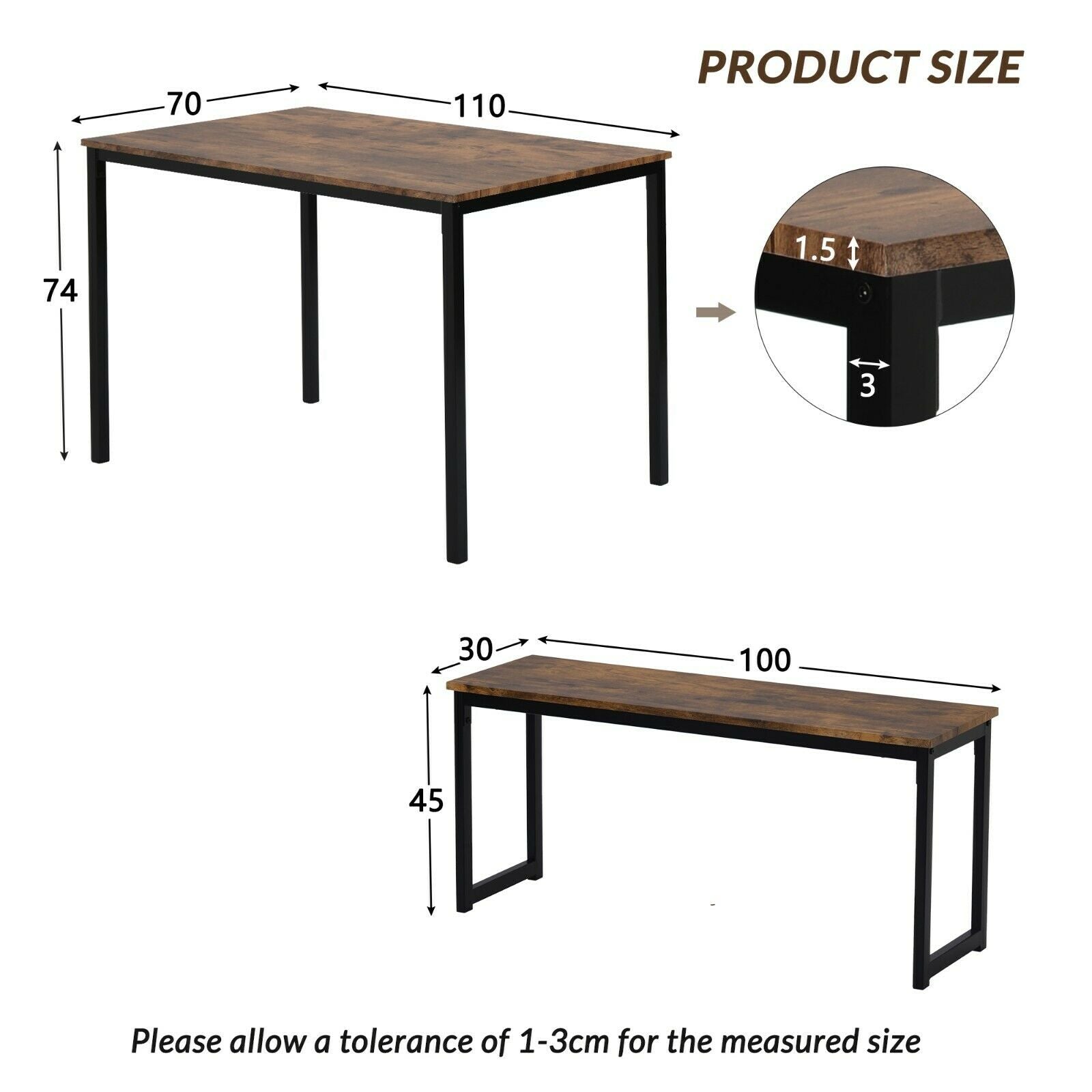 3-Piece Dining Table and Bench Set 4-Person Space-Saving Dinette for Kitchen UK