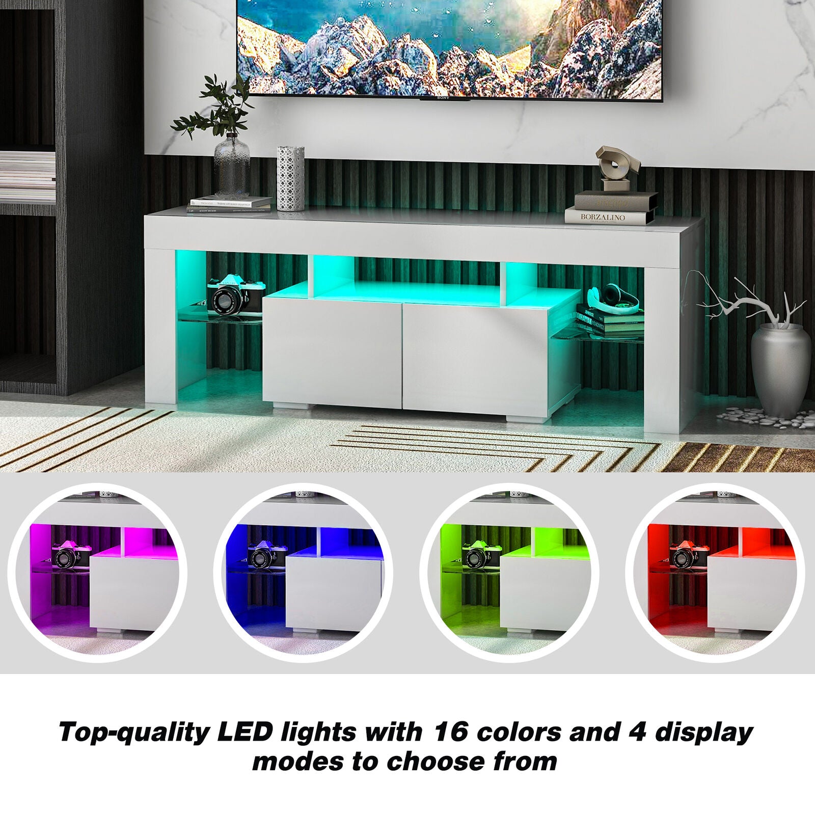 Modern TV Unit Cabinet TV Stand w/Storage 2 Drawers High Gloss LED Light