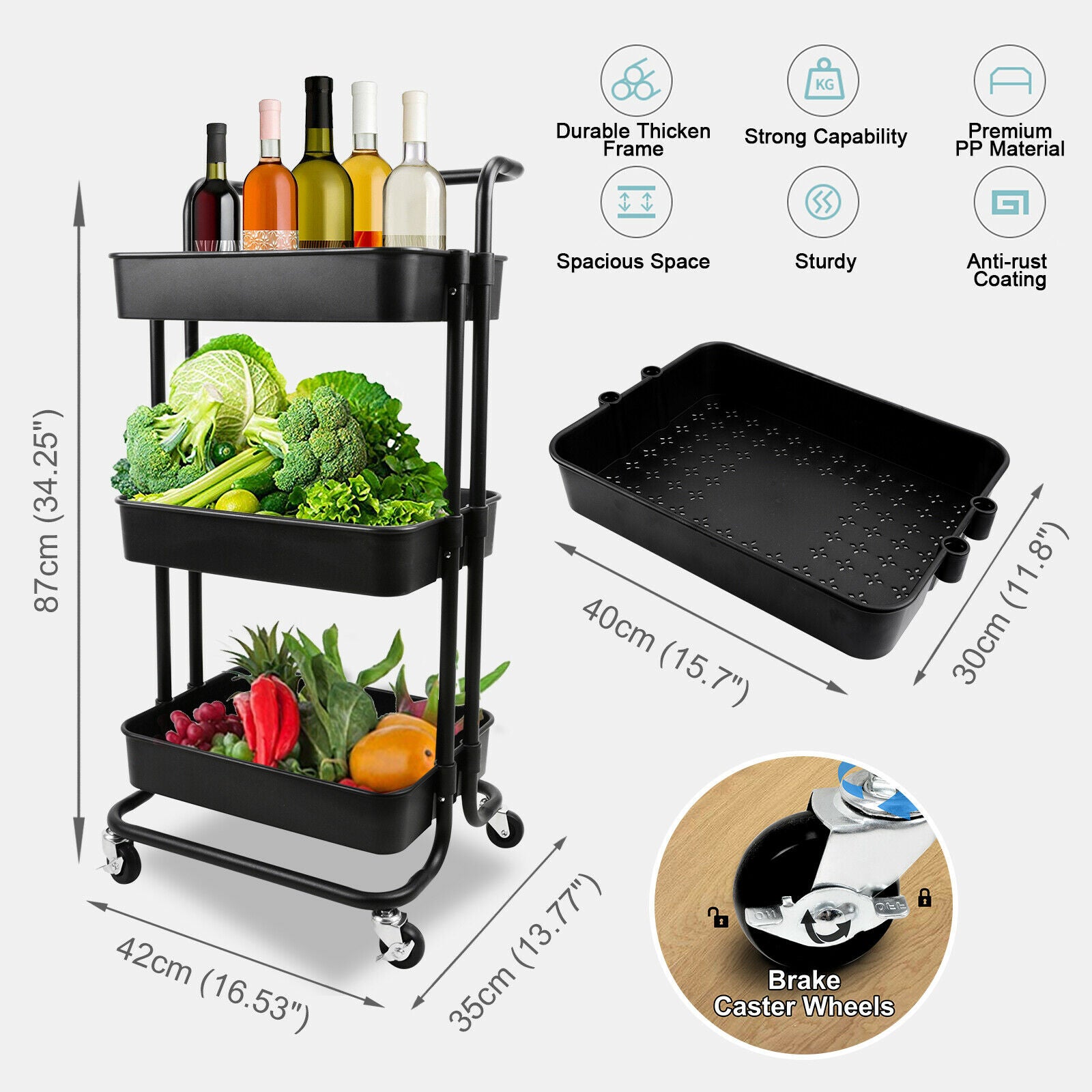 3 Tier Kitchen Trolley Salon Hairdresser Storage Cart Rack Rolling Wheels Black