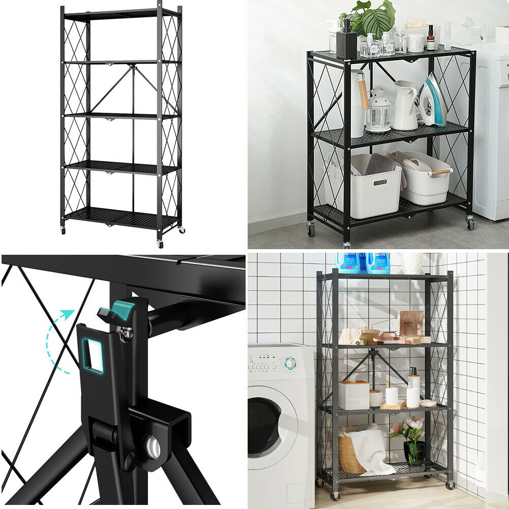 3/4/5 Tier Kitchen Storage Shelf Foldable with Wheels Living Room Organizer Rack