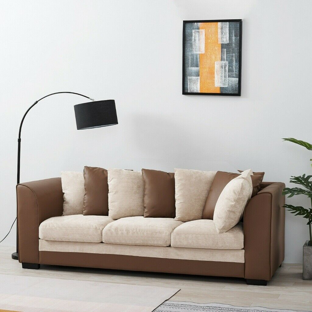 3 Seater Brown Beige Leather Fabric Sofa Armchair Couch with Footstool Option