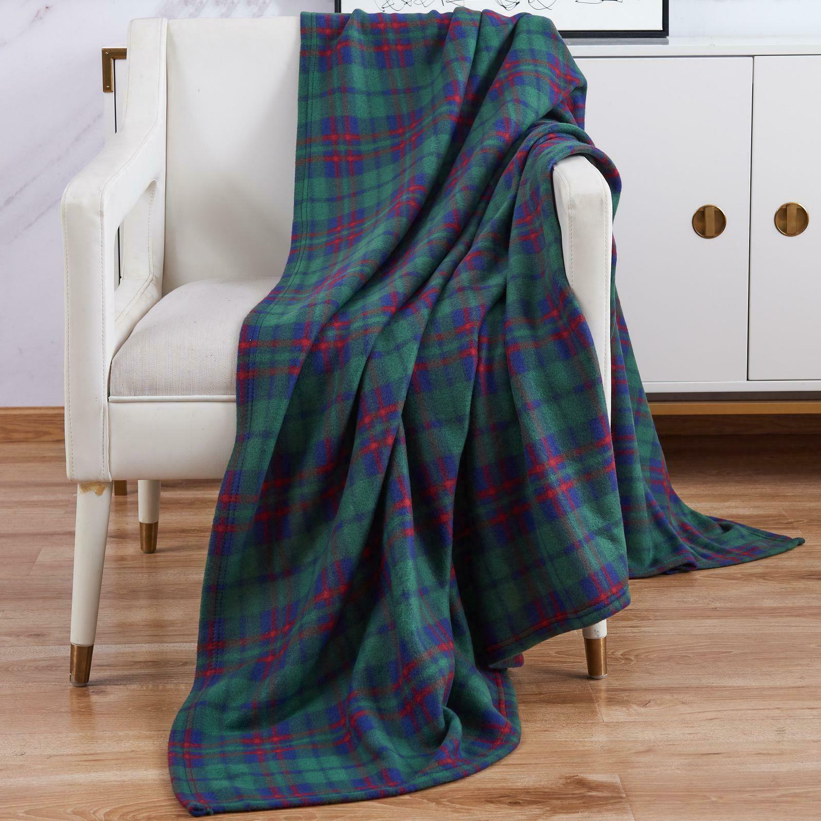 Green Check Fleece Blanket Soft Warm Single Double King Tartan Sofa Throw Bed