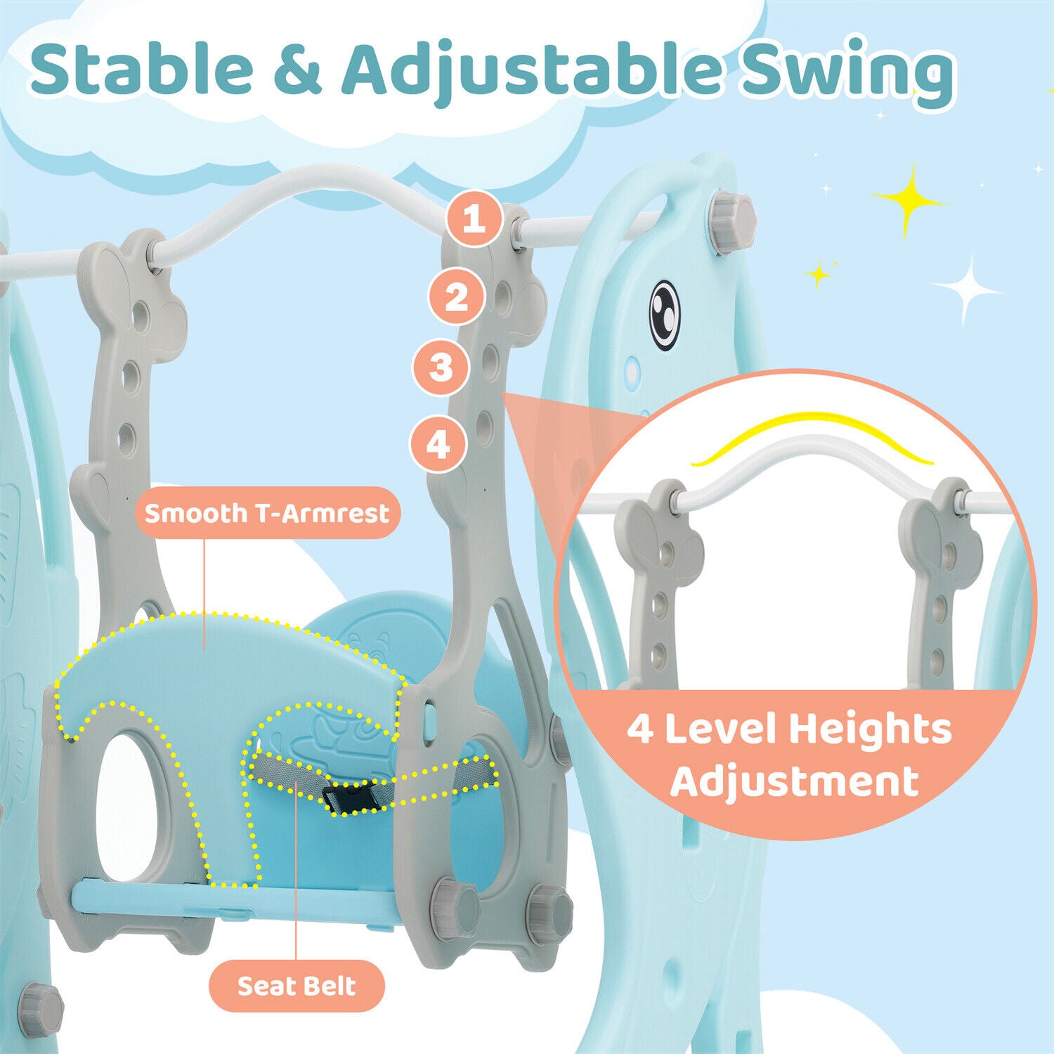 4 in 1 Kids Toddlers Swing & Slide Climber Set w/ Basketball Hoop In/Outdoor HT