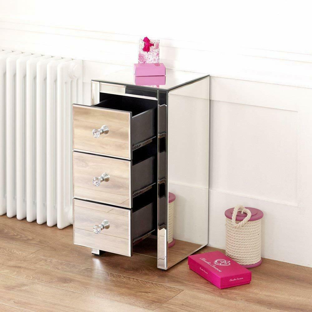 3 Drawer Mirrored Cabinet Bedside Bedroom Furniture Home Nightstand Decor Modern