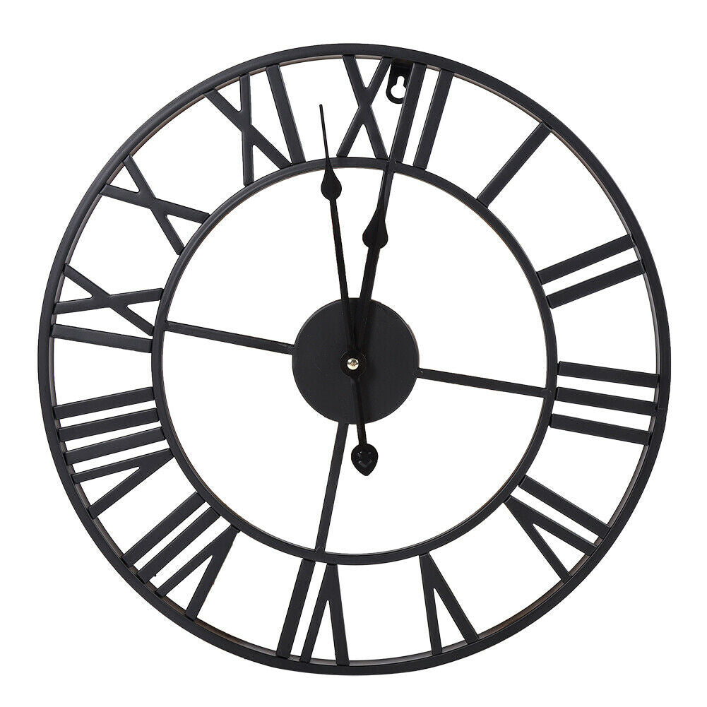 60cm Roman Numeral Wall Clock Indoor Outdoor Garden Metal 60CM Round Face Black