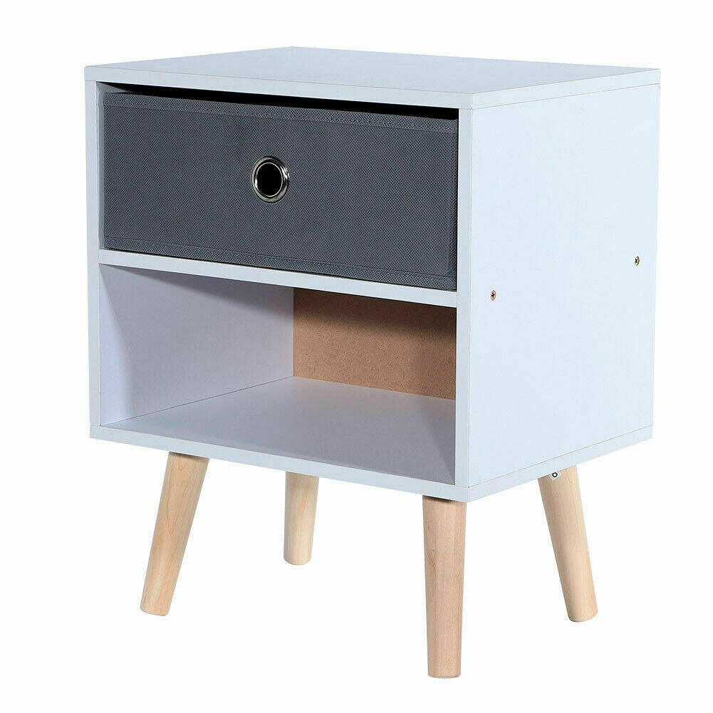 Bedside Table Cabinet Bedroom Storage Nightstand with 1 Fabric Drawer Wooden Leg