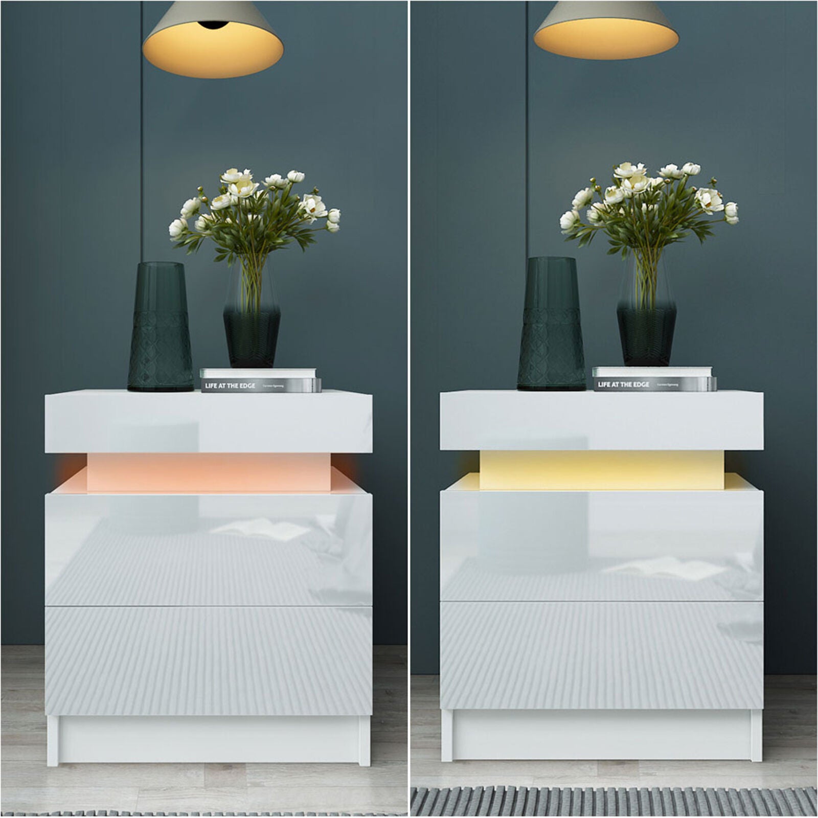 White LED Light Bedside Table Nightstand Cabinet High Gloss 2 Drawers Flip Cover