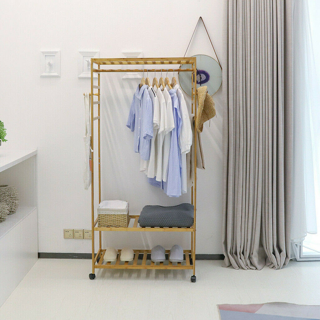 2 in 1 Garment Rail Wooden Clothes Rack Stand Shoes Rack With Coat Hat Side Hook