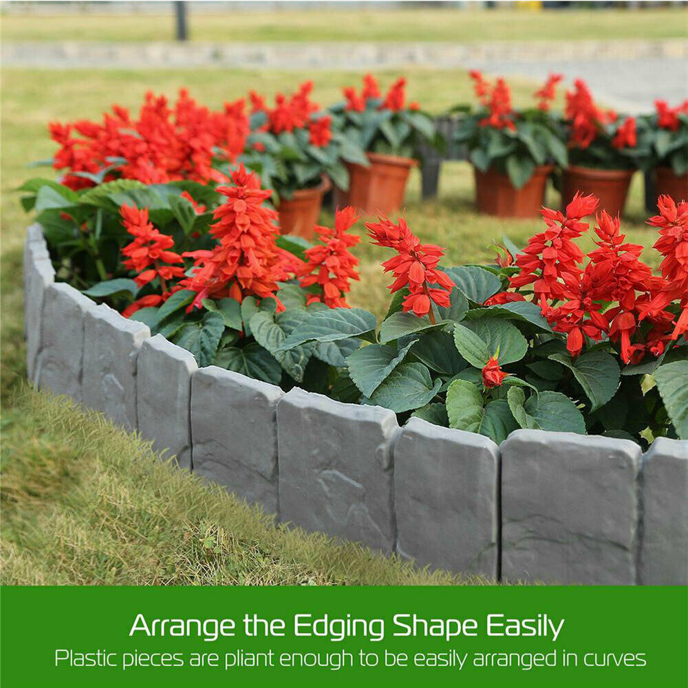 10X Plastic Garden Lawn Cobbled Stone Effect Edging Plant Border Grey