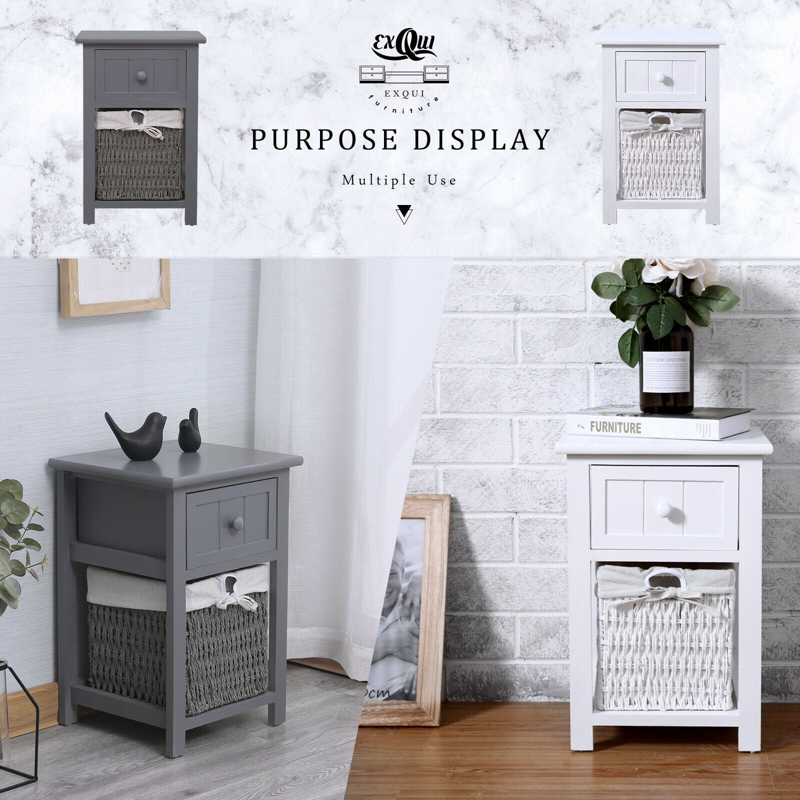 A Pair of Wooden Bedside Tables Storage Drawer Wicket Baskets Nightstand Cabinet