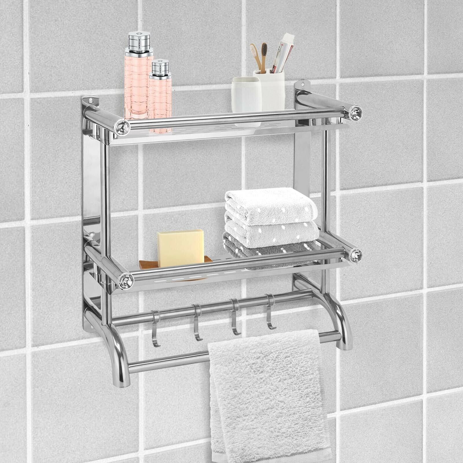 Double-Chrome Towel Rail Holder Stainless Steel Wall Mounted Bathroom Rack Shelf