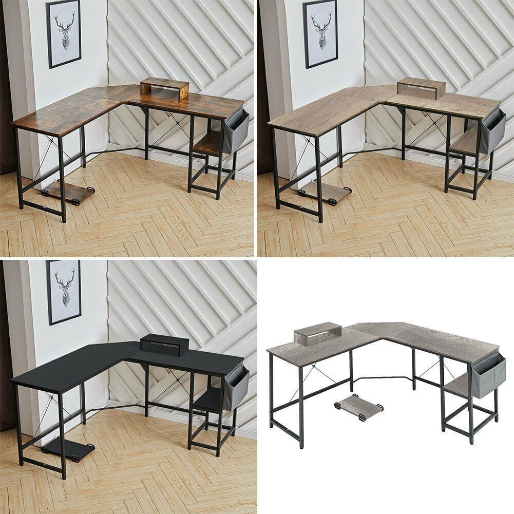 L Shaped Computer Corner Desk Table with Monitor Stand/Shelf/Si